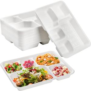 Hacaroa 50 Pack 5-Compartment Compostable Paper Plates, Natural Disposable Bagasse School Lunch Trays, Deep Divided Plates for Party, Picnic, Biodegradable, White
