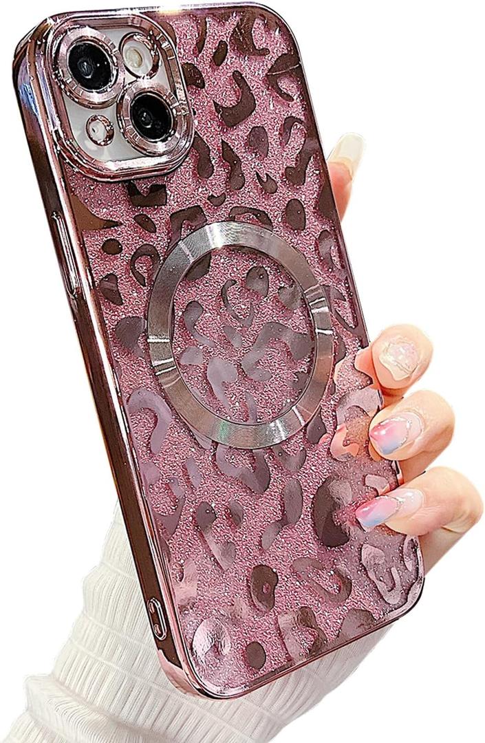 ZONRW for iPhone 14 Case Magnetic,Soft Cute Luxury Leopard Cheetah Pattern Plating Glitter Bling Phone Case Compatible with MagSafe Clear Shockproof Back Cover for Women Girl 6.1"-Pink