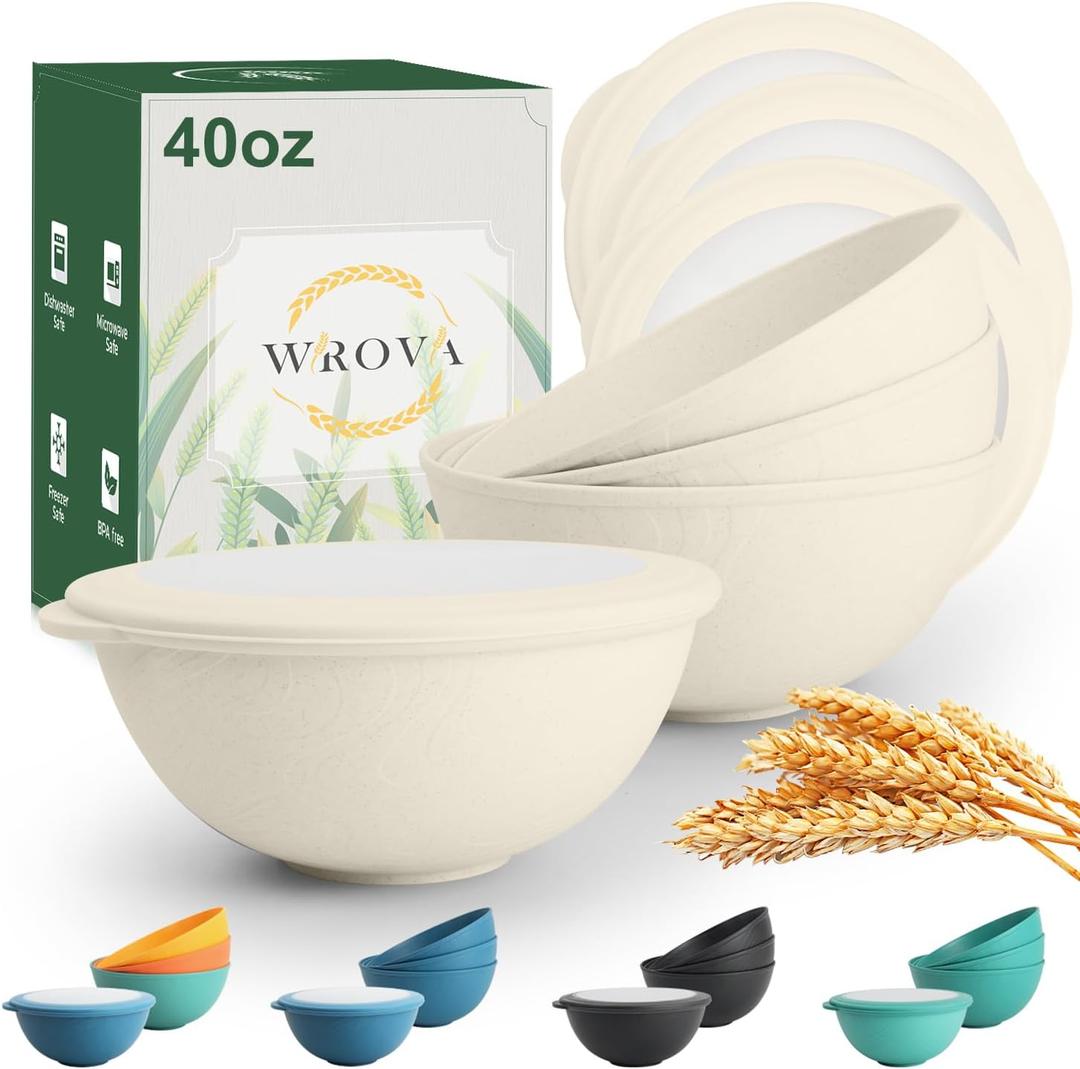 Wrova Wheat Straw Bowls with Lids Set of 4, Unbreakable Cereal Bowls 40oz, Microwavable Salad Container for Lunch Alternative to Plastic Bowl, Dishwasher Safe Bowl for Kitchen & Outdoor-Beige