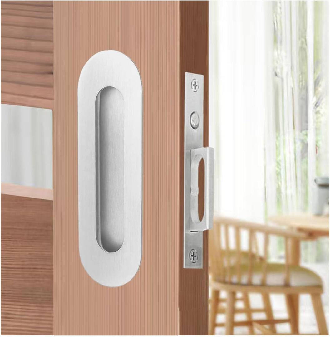 Pocket Door Pull 6 Inch with Push Release Edge - Flush Mount Stainless Steel Oval Hardware Set for Sliding Doors, Brushed Silver Finish (2 Handles + 1 Edge Pull)