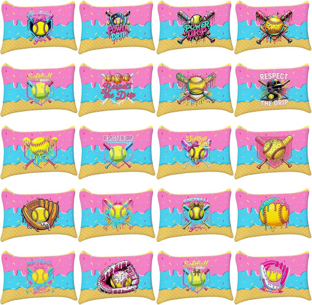 Shinylin 20 Pcs Ice Cream Drip Softball Makeup Bags for Women Team Gifts Softball Ice Cream Drip Print Cosmetic Bag Bulk Sport Themed Wrap Team Birthday Party Favors