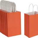 Oikss 100 Pack 5.25x3.25x8.25 Inch Small Orange Kraft Paper Bags with Handles Bulk for Birthday Wedding Party Favors Grocery Retail Shopping Business Goody Craft Gift Bags Cub Sacks (100pcs Count)