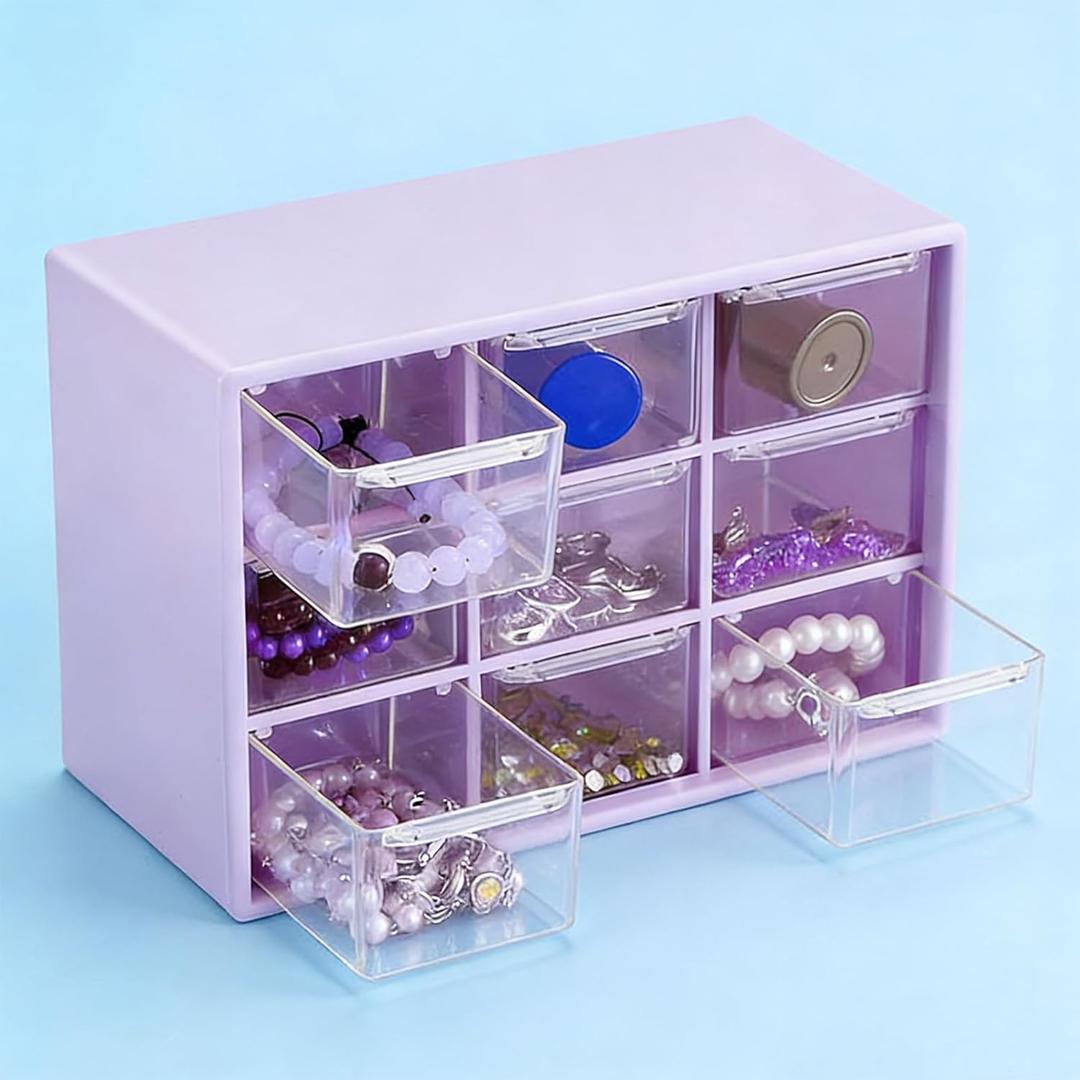 Desk Organizer Box with Nine Compartments Plastic Desktop Drawer Storage Box for Hardware, Beads, Cosmetics, Office, and Craft Storage, Purple