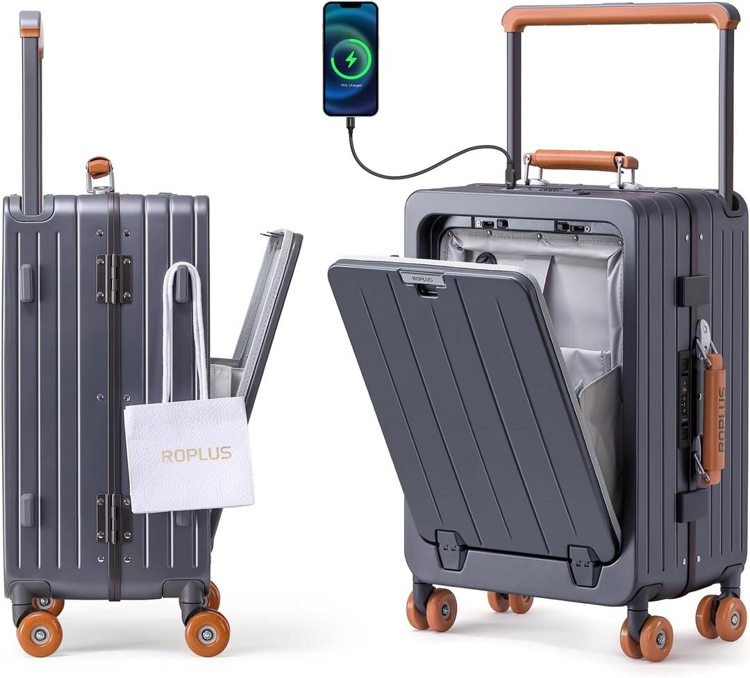 ROPLUS Zipperless Luggage with Front Cover Compartment, Aluminium Frame Checkded-In Rolling Suitcase with USB Ports, TSA Lock, Skate Wheels (GrayBrown, 25-Inch)
