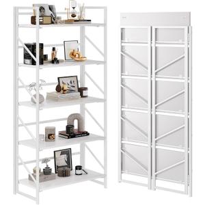JSB No Assembly Folding Bookshelf, 5 Tier Industrial Metal Book Shelf for Storage, Vintage Wood Foldable Bookcase for Living Room, Bedroom, Office Organization Shelves (All White)