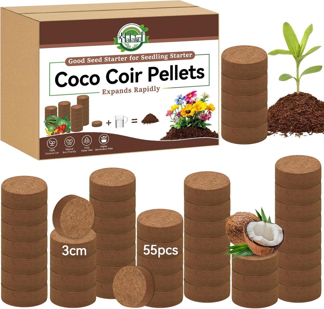 Halatool 55 Pcs Compressed Coco Coir Pellets, Seed Starter Soil Pellets for Indoor Potted Plants, Made from 100% Organic Coconut Coir for 3X Water Retention & Enhanced Aeration, Beginner-Friendly (30 mm)