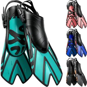 Snorkel Fins, Swim Fins Travel Size Short Adjustable for Snorkeling Diving, Open Heel Swimming Flippers for Adult Men Women, Small-Medium