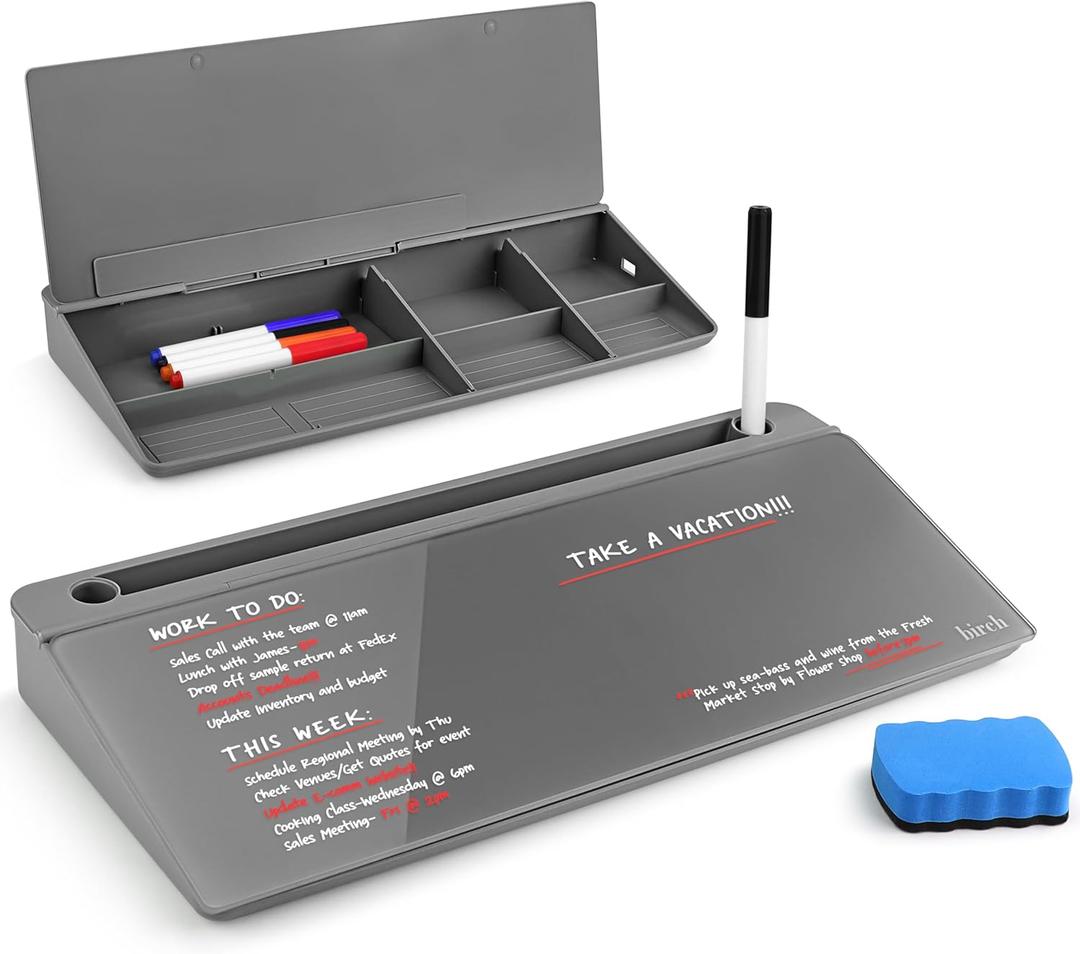 Birch Small Desktop Whiteboard  Glass Dry Erase Board Desk Pad Keyboard Stand with Storage Compartment, Adjustable Dividers, 3 Markers & Marker Holder  Perfect for Office, Home, & School (Charcoal)