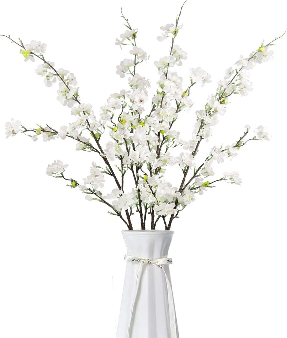 4Pcs Artificial Cherry Blossom Flowers 43 Inch Long Stem Cherry Blossom Decor Fake Flower for Home Wedding Outdoor Decoration (White)