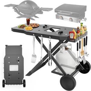 Grill Stand for Blackstone 17"& 22" Table Top Griddles, Portable Grill Cart for Weber Q1200, Q1000, Q2200, Q2400, Folding Grill Stand for Pizza Ovens with Shelf for Gas Cylinder