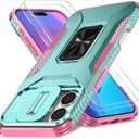 Case for iPhone 16 Plus with Slide Camera Cover+Screen Protector(2 Packs), Military Grade Shockproof Protective Cover, Rotated Ring Kickstand(A - Celadon+Pink)