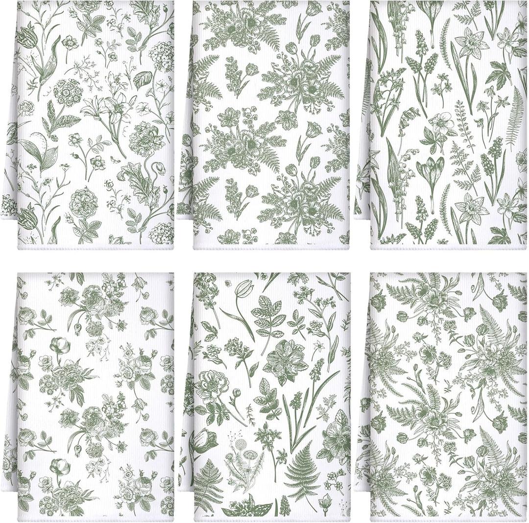 Boyiee 6 Sets Sage Green Kitchen Towels Set Vintage Floral Dish Tea Towels Absorbent Wildflower Dishtowels 24"x16" Forest Hand Wash Cloth for Farmhouse Kitchen Bathroom Housewarming Gift