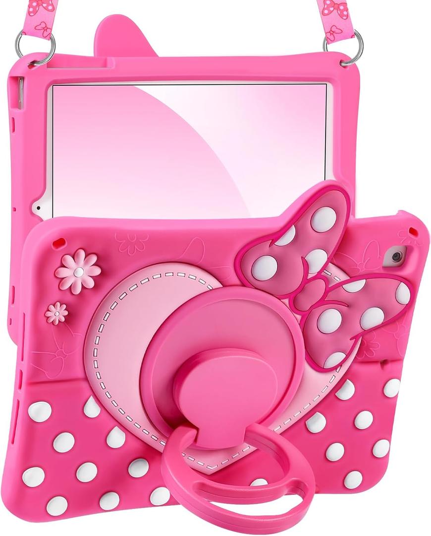 Boaretiu Kids Case for iPad 5th/6th Generation/Air1/Air2/Pro 9.7 inch - Cute Girly Cartoon Soft 3D Bow Heart Dot Silicone Case with Strap & Rotating Stand Tablet Cover for Girls Teens