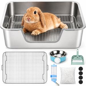 Rypet Large Rabbit Litter Box, Bunny Litter Box High Side with 304 Stainless Steel Sifting Tray, Metal Small Animal Litter Pan with Pet Food Bowl and Water Bottle, Non-Slip Easy to Clean Odor Control (S(15.8"11.8"5.9"))