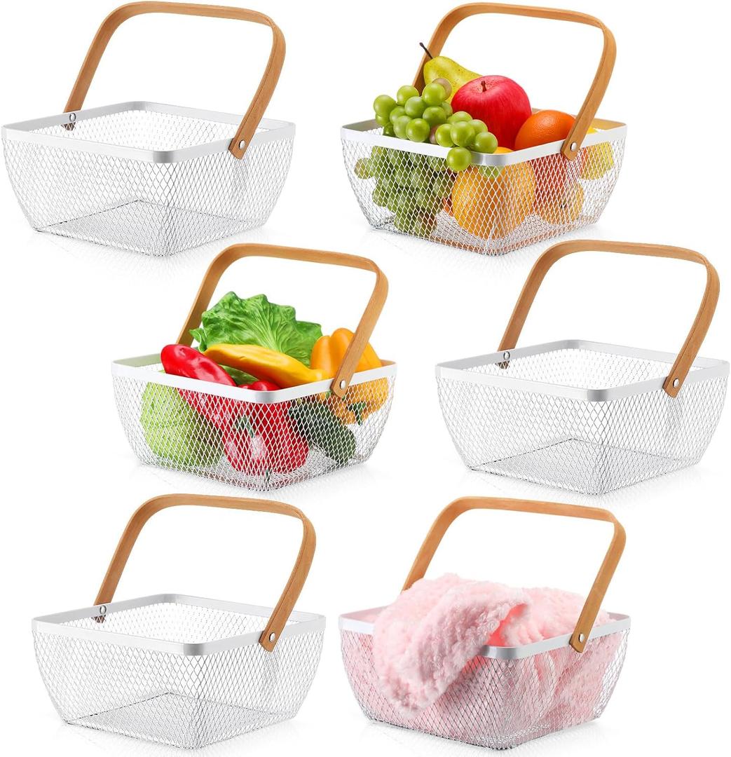 6 Pcs Metal Mesh Steel Basket with Handle Small Shopping Baskets Square Wire Harvest Storage for Kitchen Storage Garden Picnic Bathroom Organizing, 8.46 x 8.46 x 4.13 Inch(White)