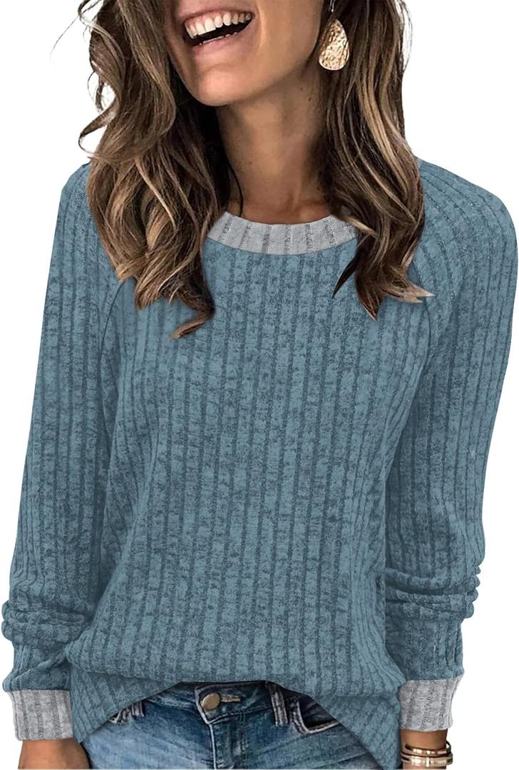 WIHOLL Long Sleeve Shirts for Women Lightweight Sweaters Fall Outfits 2026 Color Block Winter Clothing Dressy Casual Soft (Gray, S)