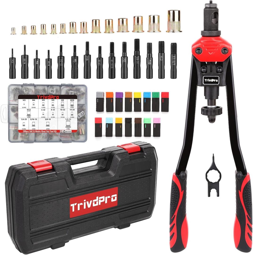 TrivdPro Rivet Nut Tool Kit Rivnut 16" Rivnut Tool Kit Professional RIV Nut Tool Kit with 200pcs Nutsert Tool Kit & 15 Interchangeable Mandrels, Rivet Nut Rivet Tool Kit with Rugged Carry Case