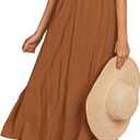 PRETTYGARDEN Summer Dress for Women 2025 Casual Short Sleeve Bow Tie V Neck Ruffle Midi Flowy Dresses (Brown, Large)