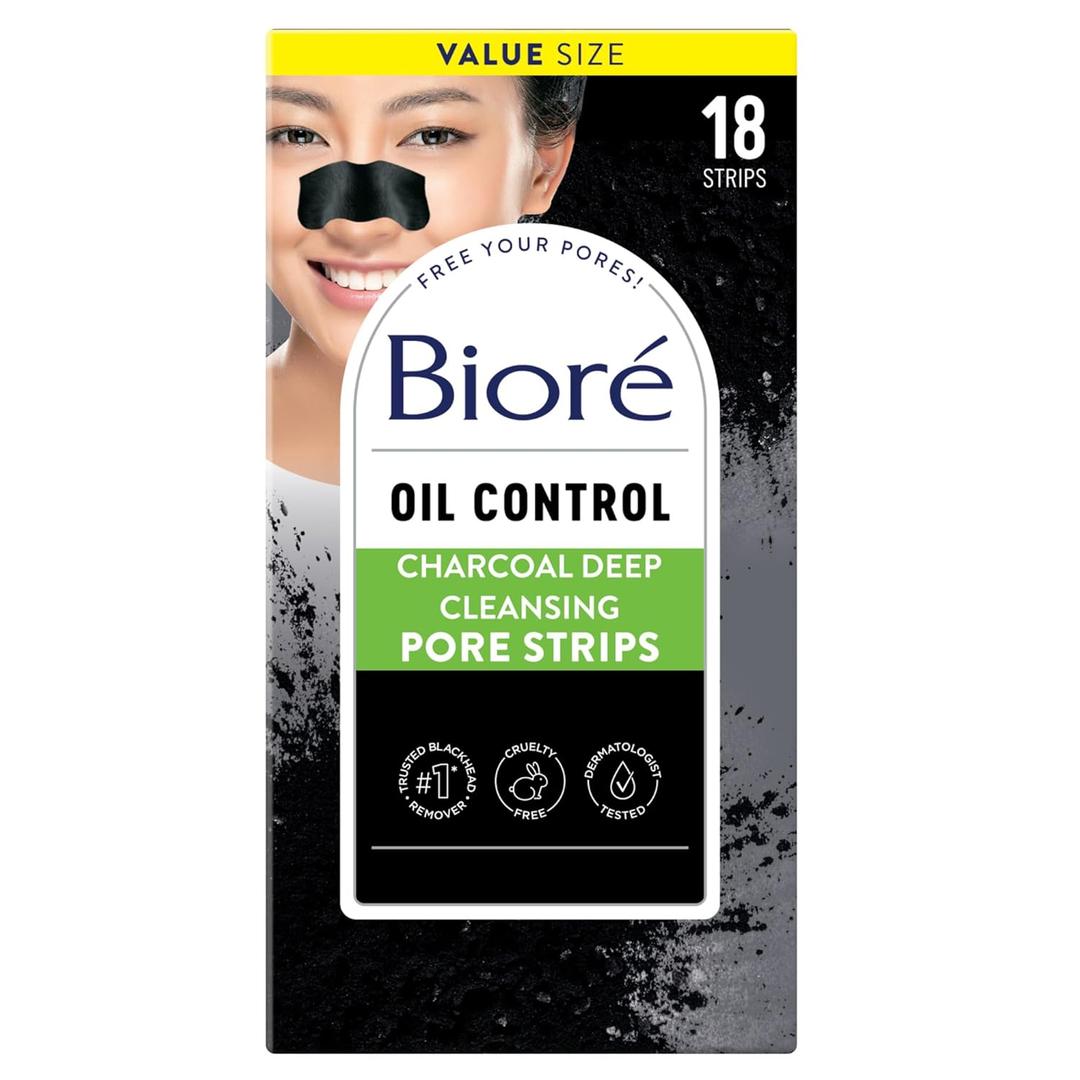 Biore Charcoal Deep Cleansing Pore Strips, Nose Strips for Blackhead Removal on Oily Skin, Features C-Bond Technology with Instant Pore Unclogging, 18 Count