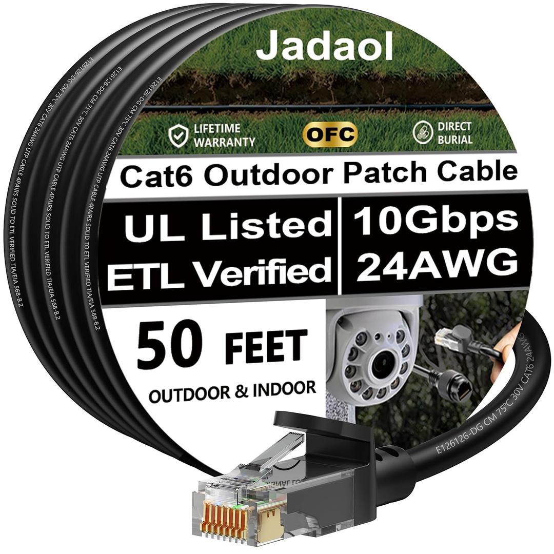 Cat6 Outdoor Ethernet Cable 50ft, 24AWG 10Gbps Support Cat8/7 Network, Pure Copper, Direct Burial Waterproof Underground Anti-UV (50ft) (Black)
