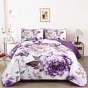 WONGS BEDDING Purple Floral Quilt Set King,3 Pieces Reversible Lightweight Printed Bedspread Coverlet Set for All Season Soft Microfiber Botanical Bedding Set with 2 Pillow Shams (King 104"90")
