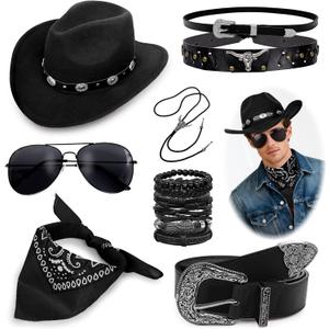 Cowboy Costume Outfit for Men Western Cowboy Hat With Hat Bands Bandana Buckle Belt Cowboy Halloween Accessories Set (Black)