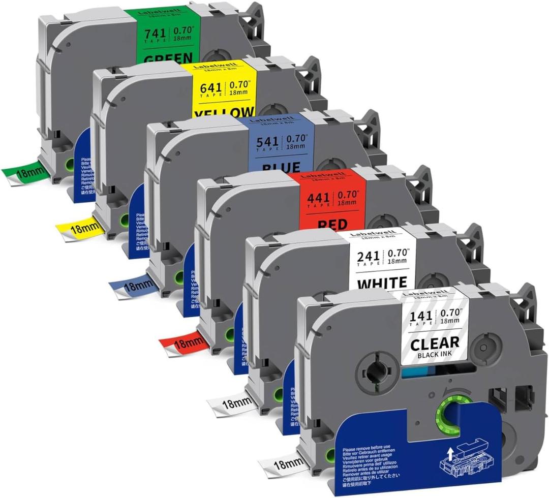 Labelwell 6-Pack TZ 18mm 0.7 Inch Laminated Multi Color Compatible for P Touch Label Tape TZe-141 241 441 541 641 741 for Ptouch PT-D400 PTD410 D610BT D600, Clear/ White/ Red/ Blue/ Yellow/ Green