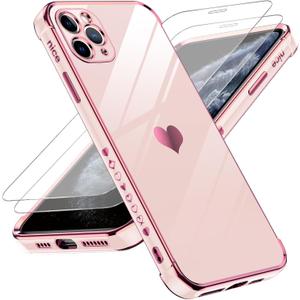 LeYi for iPhone-11-Pro Max Case: with Tempered Glass Screen Protector [2 Pcs]+ Full Camera Lens Protection,Love Heart Plating Girly Women Luxury Soft TPU Shockproof Case para i Phone 11 ProMax,Pink