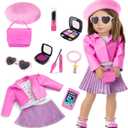 American 18 Inch Doll Makeup Accessories And Clothes,Tote Bag Set For 18" Dolls Include Berets Outfits Sunglasses Phone Eye Shadow Lipstick Blusher Bracelets Eyelash Brush Toy Stuff(No Doll And Shoes)