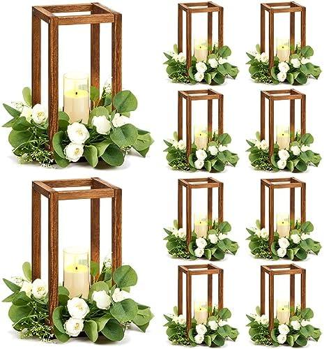 Sabary 10 Sets/ 20 Pcs Wooden Lantern Candle Holders with Candles for Wedding Decoration Vintage Table Centerpiece Farmhouse Rustic Candle Lantern for Indoor Fireplace Dining Party Decor (Caramel)