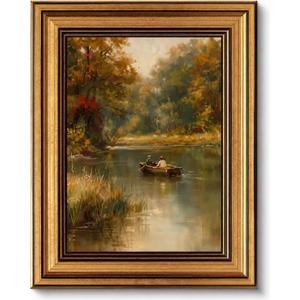 Vintage Gold Framed Autumn River Boat Canvas Wall Art, Impressionist Oil Painting Style Wall Decor, Landscape Picture Poster Print Artwork, Classic Scenery Art for Living Room Bedroom Home Decoration, 11"L x 9"W