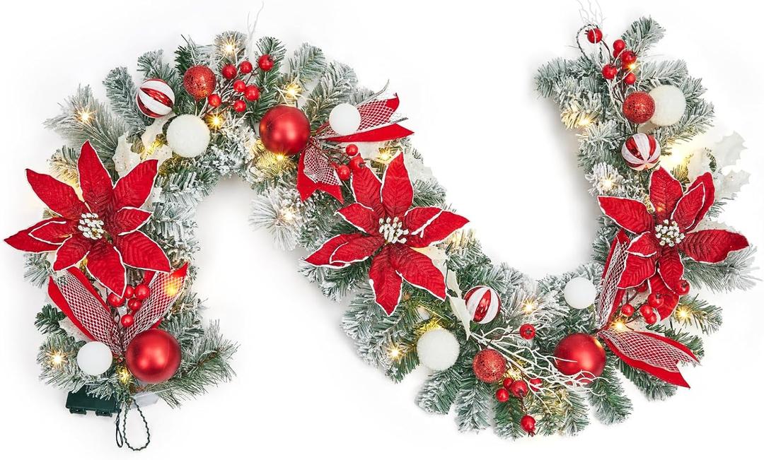 Christmas Garland with 20 LED Lights, 6ft Pre Lit Xmas Garland with Artificial Flowers Berries Ball Ornaments, Battery Operated Christmas Lighted Garlands for Mantle Fireplace Stairs (Red & White)