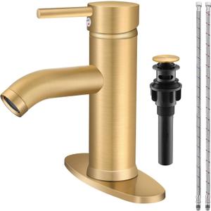 Brushed Gold Bathroom Faucet Single Handle Bathroom Sink Faucet with Pop-Up Drain Vessel Sink Faucet Modern RV Lavatory Faucet for 1 or 3 Hole