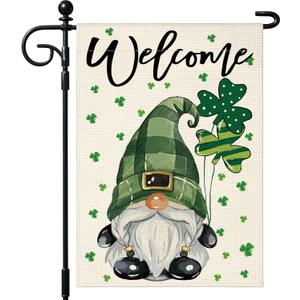 Artscope St Patricks Day Green Gnome Clover Garden Flag 12x18 Inch Double Sided for Outside, Welcome Shamrocks St.Patrick's Day Garden Flag for Holiday Yard Outdoor Decoration