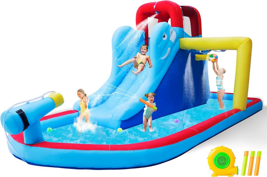 JOYLDIAS Inflatable Bounce House, Water Slide Bouncer Playhouse Castle w/Splash Pool, Climbing Wall, Basketball Hoop & Carry Bag, 480W Air Blower for Kids Backyard Indoor Outdoor Use, Free Water Gun, 15.42 ft x 6.07 ft x 6.17 ft