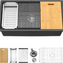 Kichae 32 inch Granite Composite Undermount Kitchen Sink - 32 x 19 Single Bowl Kitchen Sink Matte Black Quartz Workstation Kitchen Sink