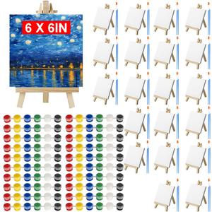20 Pack 6 x 6 inch Mini Canvas and Easel Set, Mini Canvases for Painting with Wood Easels, Acrylic Paints, and Brushes, Small Canvas Painting Kits for Adults Students Beginners