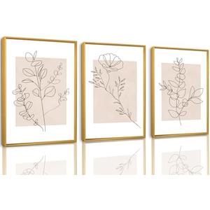 CHDITB Floral Line Framed Canvas Wall Art Set, Minimalist Flower Wall Decor, Neutral Beige Plants Wall Painting, Abstract Botanical Leaf Stripe Art Print for Living Room, Bedroom, Office - 16"x24"x3