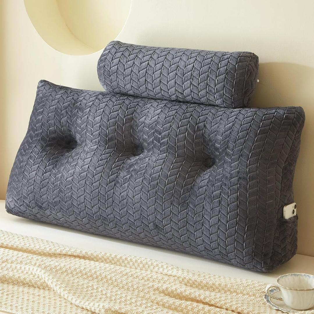 YOUR MOON Wedge Headboard Pillow Twin with 1 Pack Neck Roll Pillow, Triangular Wedge Backrest Pillows Headboard for Bed,Daybed,and Lounging, Large Bed Bolster Pillows,Dark Gray