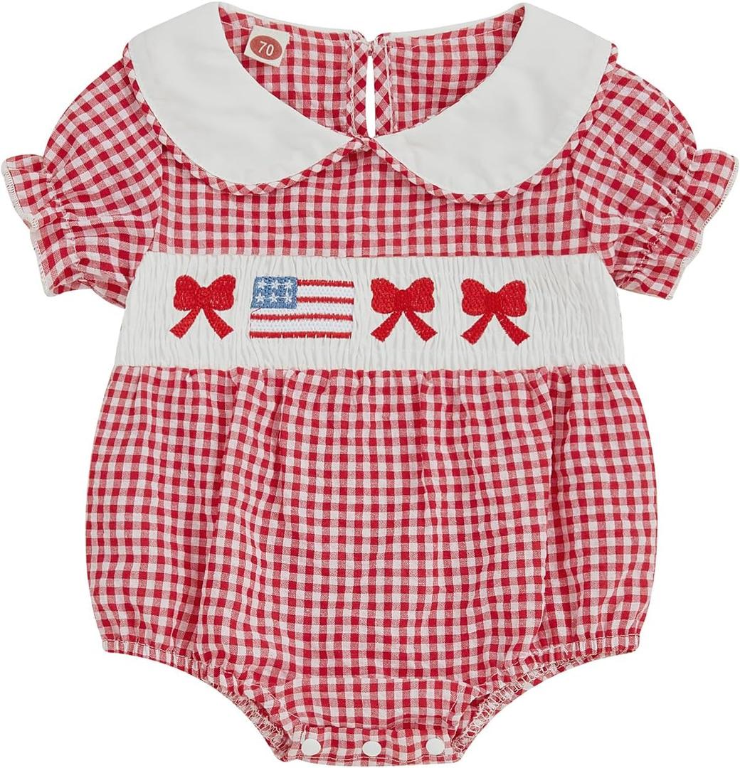 MoZiKQin Baby Girl 4th of July Outfit American Flag Embroidery Bubble Romper Plaid Smocked Jumpsuit Cute Summer Clothes (Red)