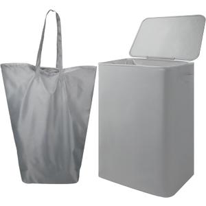 Foldable Laundry Hamper with Lid & Laundry Bag with Drawstring,Portable Laundry Basket with Easy Carry Handles,Clothes Hamper Space Saving Organizer for Bathroom,Bedroom,College Dorm,RV,Grey