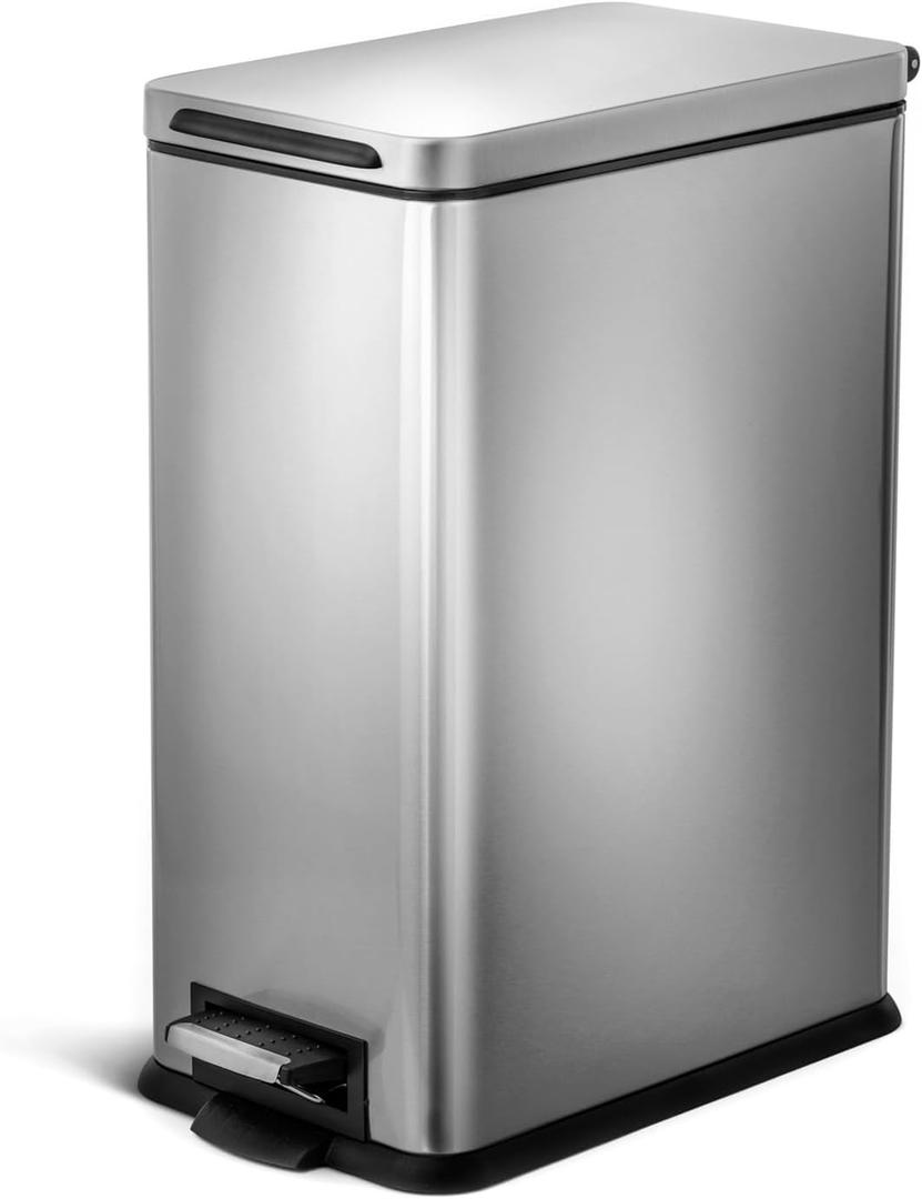 Home Zone Living 8 Gallon Slim Kitchen Trash Can with Soft Close Lid, Step Pedal, Bag Tuck Band, and Removable Liner, Stainless Steel, Silver