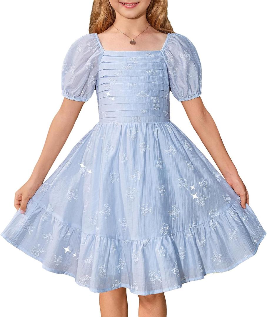 GRACE KARIN Girls Summer Tie Back Dress Square Neck Lantern Sleeve Ruffle Hem Elegant Dresses for 7-14 Years (Blue)