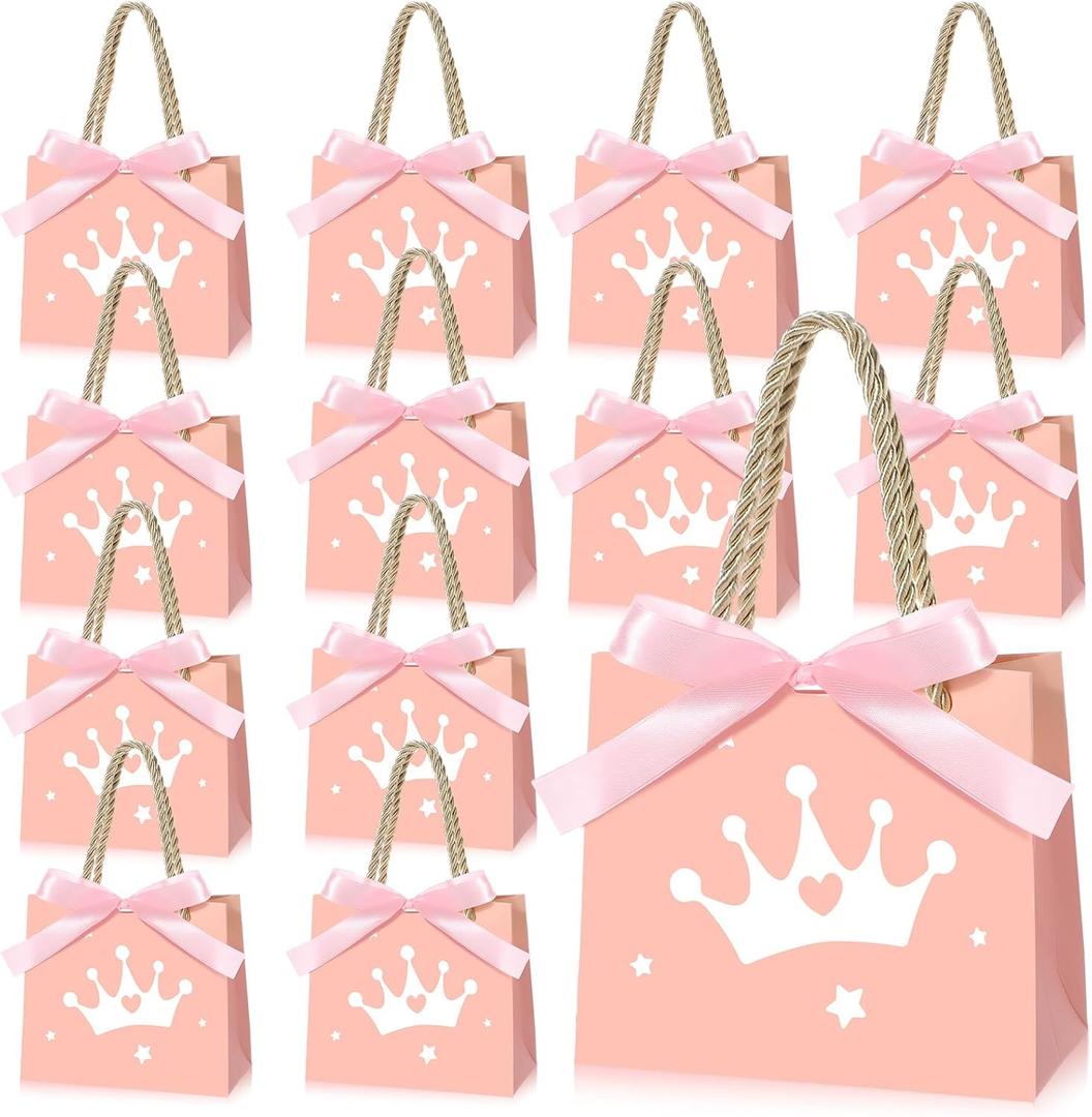 Sinload 25 Sets Small Crown Princess Party Favor Bags for Guests Light Pink Princess Paper Goodie Candy Bags with Handles Ribbons for Pink Themed Birthday Party Gift