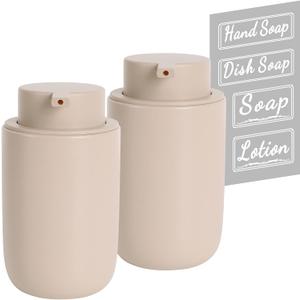 BosilunLife Khaki Soap Dispenser Set - 2 Pack 12oz Ceramic Dish Soap Dispenser with Rust Proof Pump for Kitchen, Hand Soap and Lotion Set Suitable for Farmhouse Bathroom Decor with Waterproof Labels