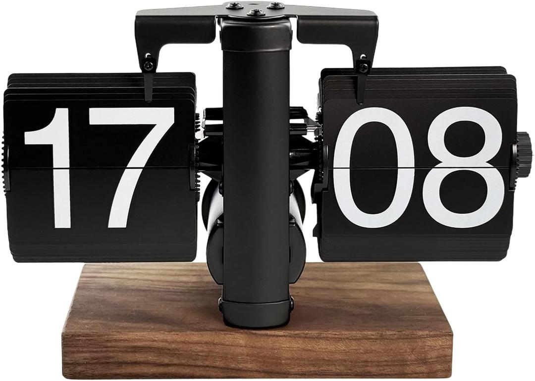 Retro Vintage Flip Desk Clock,Auto Flip Mechanical Digital Clock with Large Numbers, Classic Modern Wood Base Analog Clock Design, for Home,Office,School,Hotel,Cafe Decor(Black,Battery not Included)