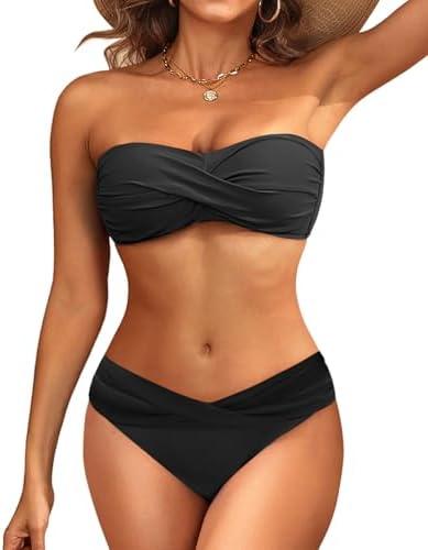 Women's Strapless Bandeau Bikini Set - Twist Front Two Piece Swimsuit with Side Tie Bathing Suit Bottom, Size M