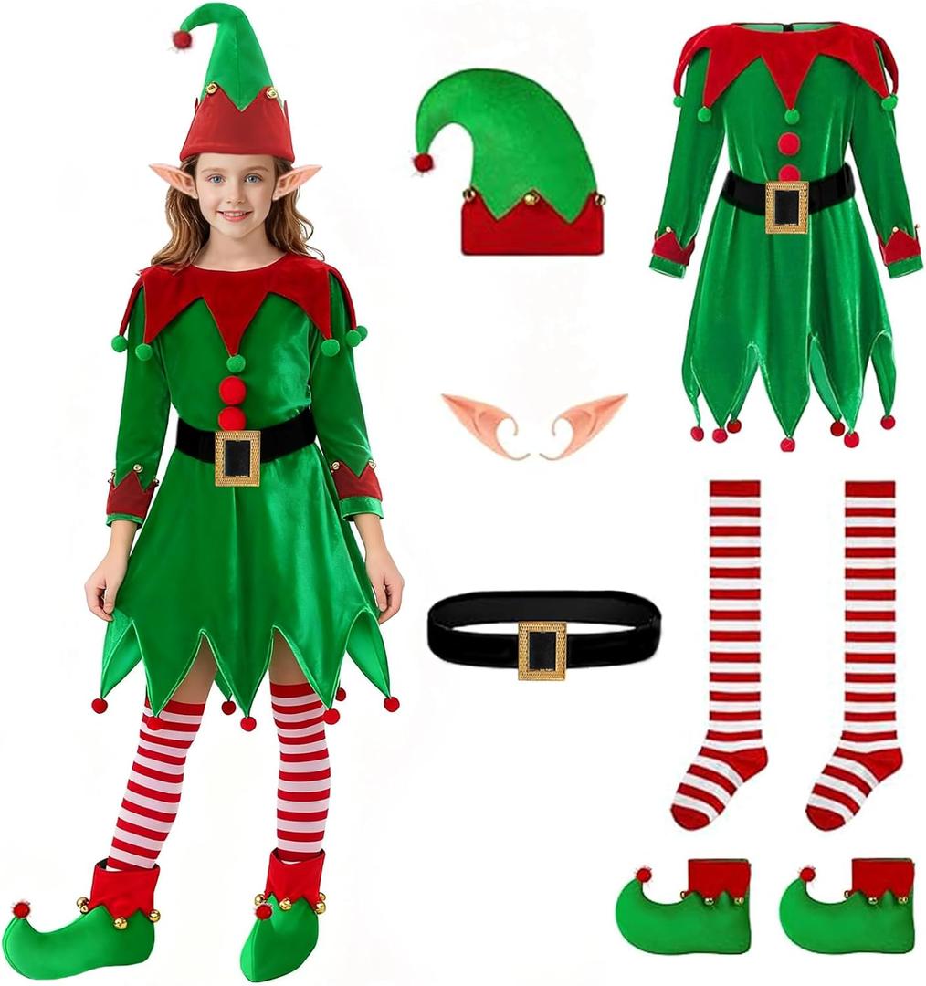 DERJLY Christmas Girls Elf Costume: 6-Pack Kit Kids Holiday Helper Outfit with Velvet Dress Shoes Hat Belt Sock Ear (X-Large)