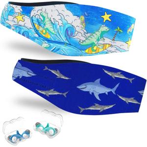 Swimming Headband for Kids - 2 Pairs Waterproof Ear Plugs & Adjustable Swim Ear Band,Keep Water Out and Hold Earplugs in - Water Headband for Surfing, Diving, Pool, Showering, and Beach (1 pair (Pack of 4), Shark + Dinosaur)