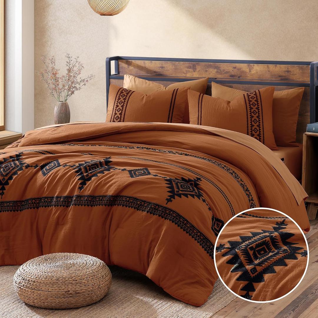 MaiRve Embroidery Comforter Set, Boho Farmhouse Western Bedding Set, All Season Bed in A Bag Comforter Set with Sheets, Pillowcases & Shams, Burnt Orange King 7 Pieces